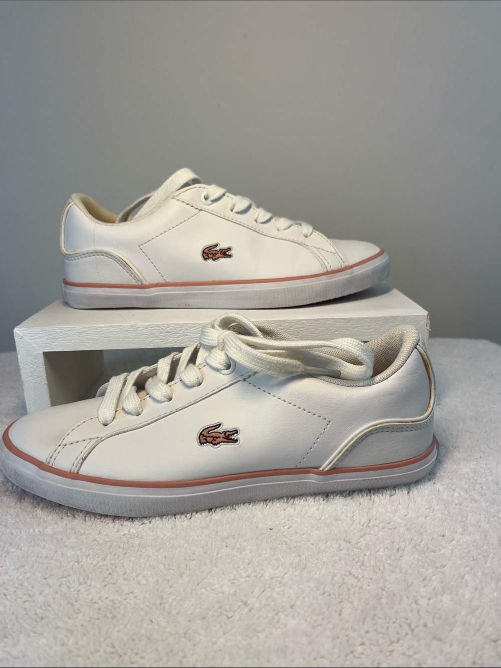 Lacoste Kids White Leather Sneakers with Pink Accent